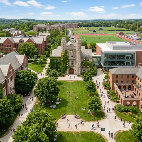 Impressive University Campus with Modern Library and Lush Grounds