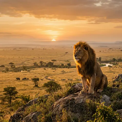 Majestic Lion King overlooking endless savannah