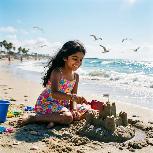 Summer Beach Day: Happy South Asian Girl Building Sandcastle