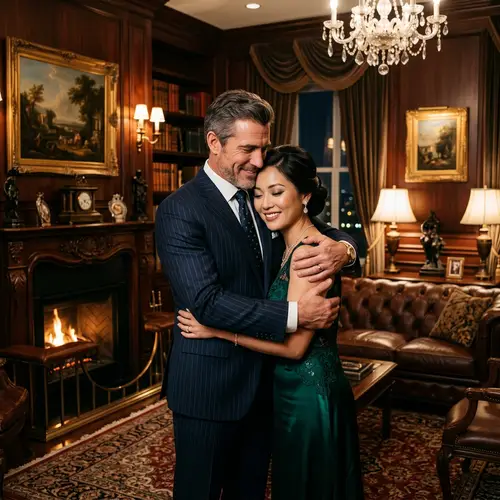 Luxurious Caucasian Mafia Man with Elegant Asian Wife in Well-Furnished Room