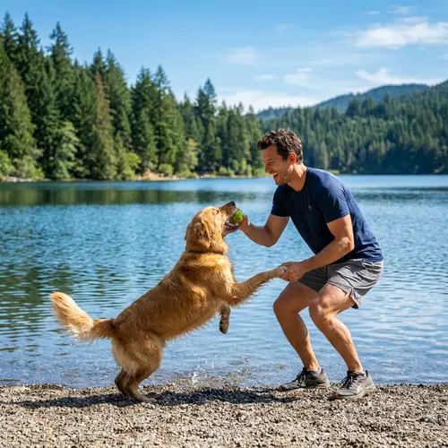 Athletic Man Playing with Dog by Serene Lake | Joyful Interaction