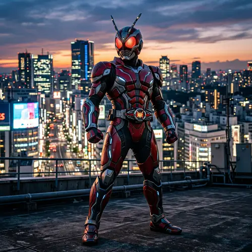 Futuristic Hero in Original Armored Suit | City Skyline Dusk