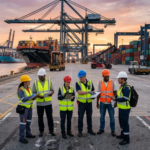 Shift Handover Scene in a Bustling Port - Diverse Dock Workers at Work
