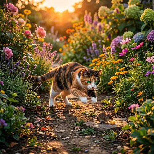 Radiant Calico Cat Pouncing in Blooming Garden