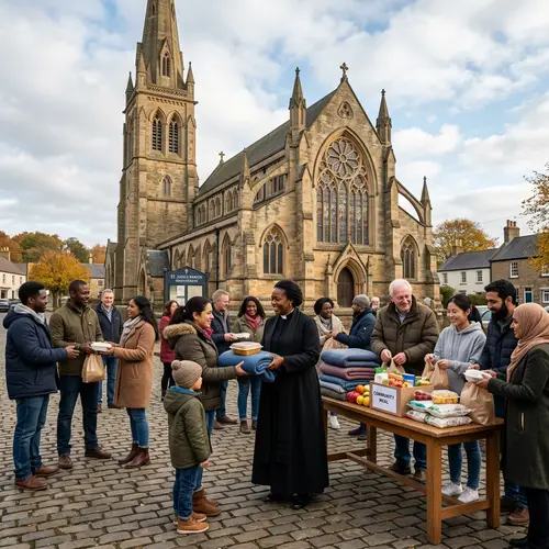 Community Unity: Diverse Group Sharing Warmth at Old Gothic Church