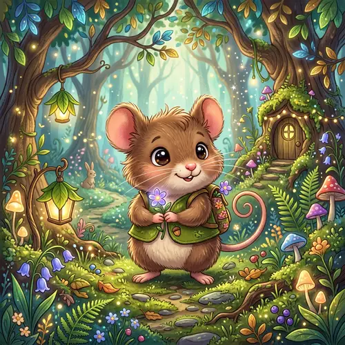 Whimsical Cartoon Mouse in a Magical Forest