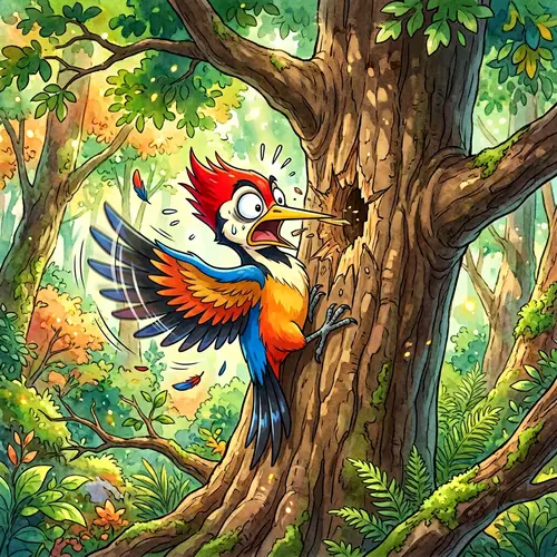 Anime Woodpecker Stuck in Tree | Colorful Japanese Style Animation