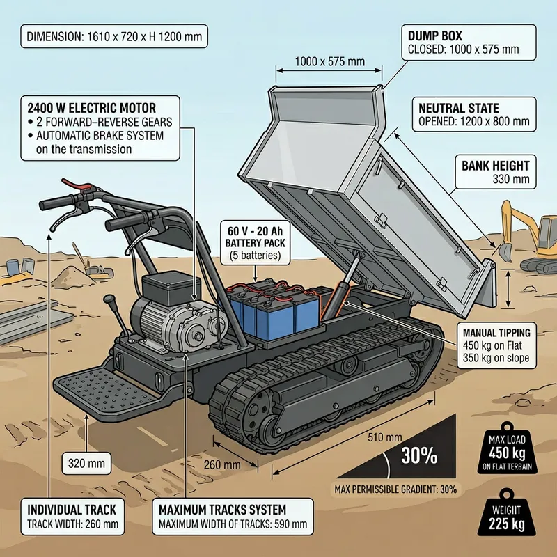 Electric Construction Dump Truck Specs | 2400W Motor, 60V 20Ah Pack