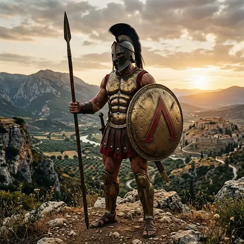 Ancient Greek Spartan Warrior with Spear, Shield & Helmet