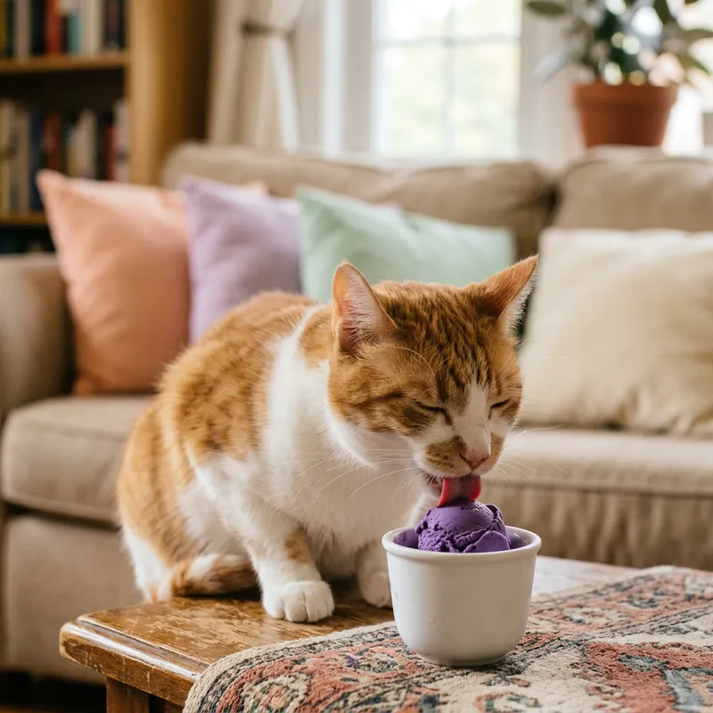 Cat Licking Ube Ice Cream - Sweet Treat for a Feline