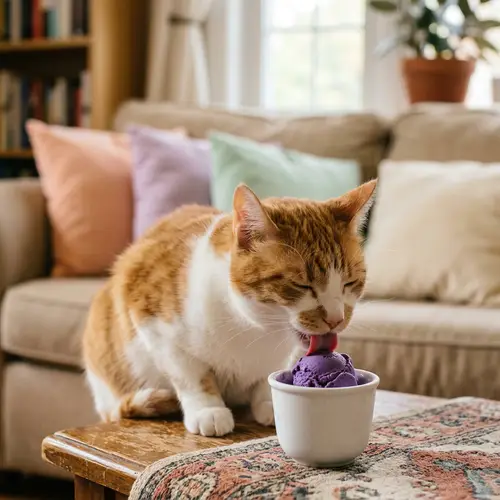 Orange and White Domestic Cat Enjoying Ube Ice Cream Dessert