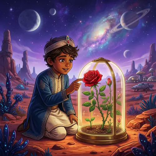 Prince Observing Rose Bloom on Strange Alien Planet