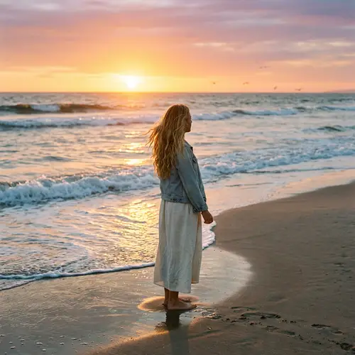 Serene Beach Sunset Scene with Woman Gazing Towards Horizon