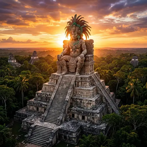 Colossal Maya Deity Seated atop Pyramid