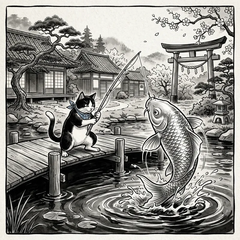 Cartoon of a Black & White Cat Catching Koi Fish