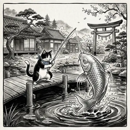Cartoon of a Black & White Cat Catching Koi Fish
