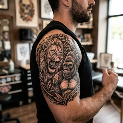 Majestic Lion and Powerful Gorilla Tattoo Design