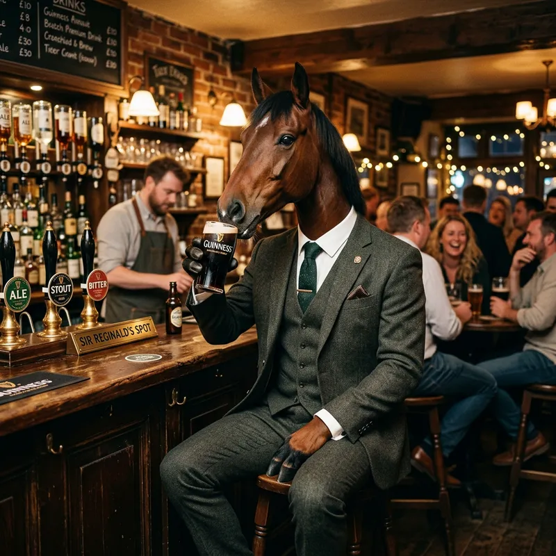 Horse in Suit Enjoying Beer at a Bar