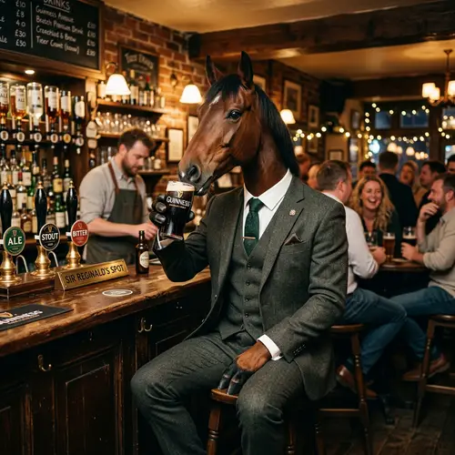 Horse in Suit Enjoying Beer at a Bar