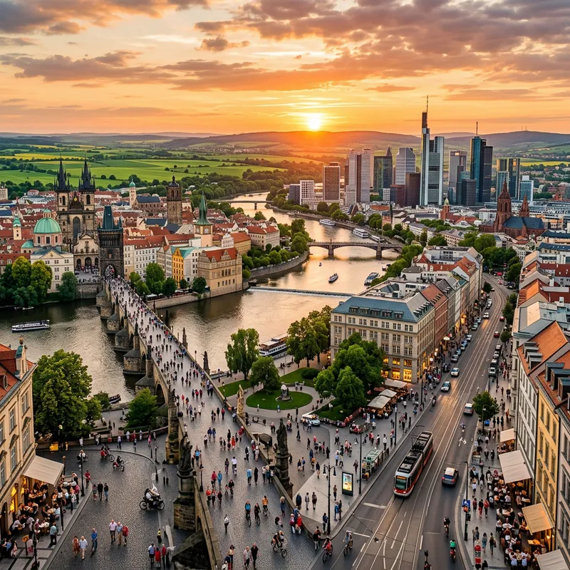 Glorious Sunset Cityscape with Ancient and Modern Buildings