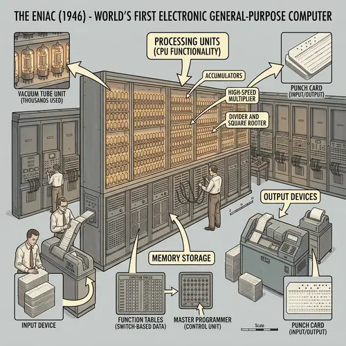 First Ever Computer Illustration with CPU, Memory Storage, and Output Devices