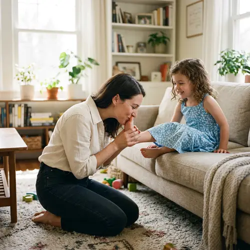 Brunette Woman Kissing Girl's Foot | Heartwarming Moment