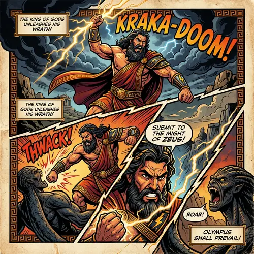 Thrilling Comic Book Page Featuring Powerful Greek God