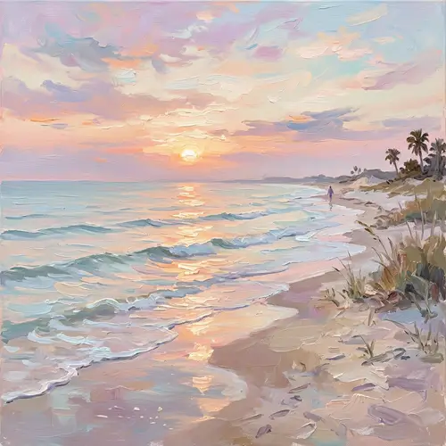 Tranquil Beach Sunset Oil Painting - Impressionism Artwork