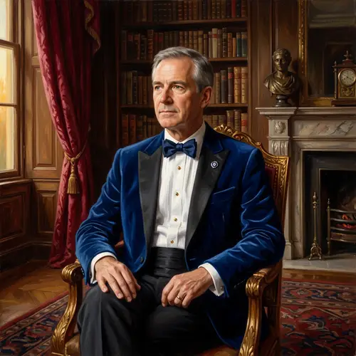 Neoclassical Oil Painting of Distinguished Figure in Royal Blue Tuxedo