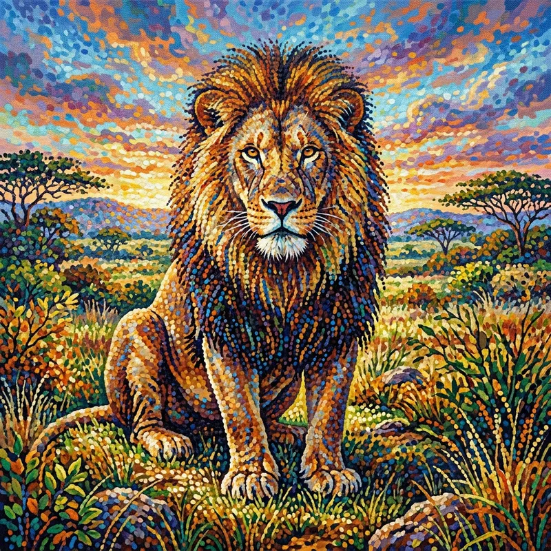 Majestic Lion in Vibrant Pointillism Technique - Wilderness Portrait