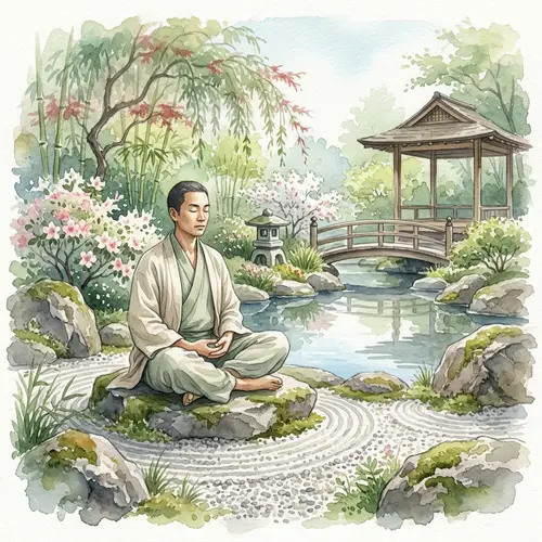 Serene Watercolor Painting of Meditating Individual in Tranquil Garden