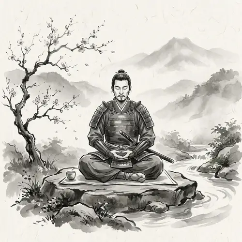 Minimalist Ink Wash Painting of a Serene Samurai in Traditional Armor