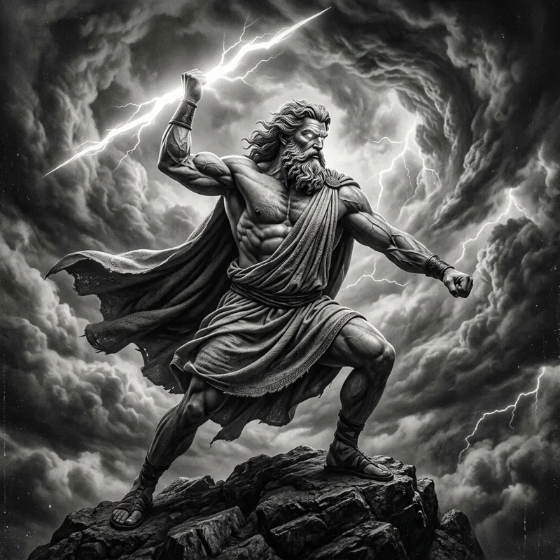 Zeus Summoning Thunder in Gray Monochrome Zeus Summoning Thunder in Gray Monochrome