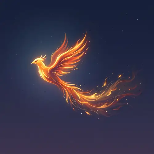 Simplistic Phoenix Design in Mid-Flight - Vibrant Plumage and Fiery Tail