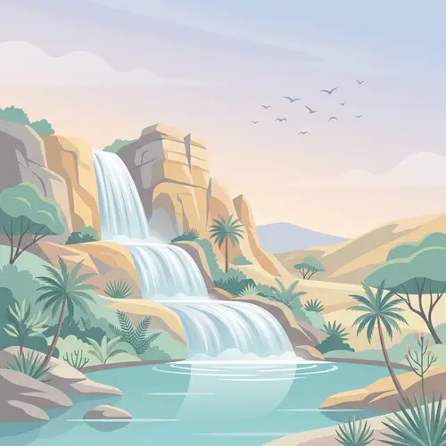 Serene Oasis & Cascading Waterfalls | Vector Art