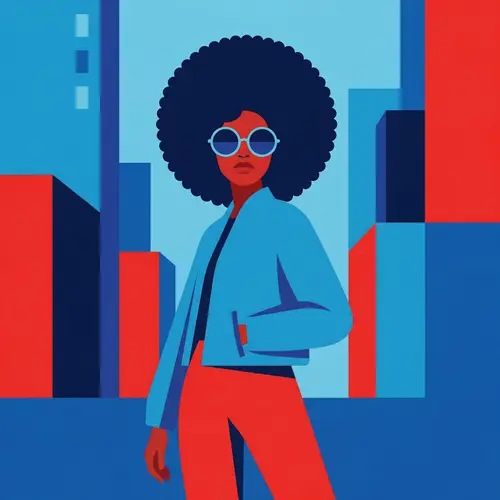 Minimalist Digital Art: Stylish African Girl with Afro & Retro Sunglasses