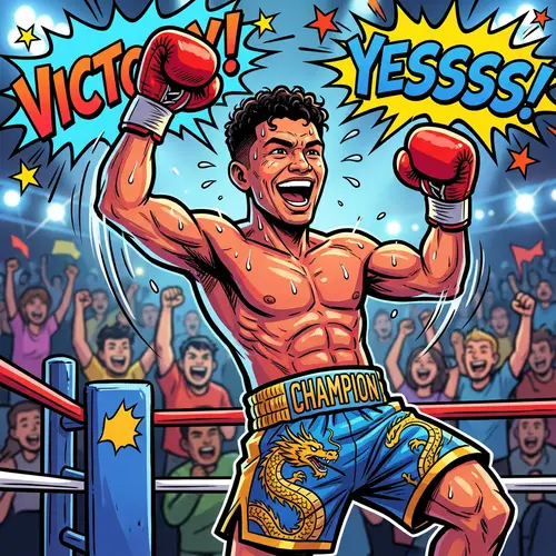 Triumphant Mixed European-Asian Boxer | High-Speed Action Snapshot