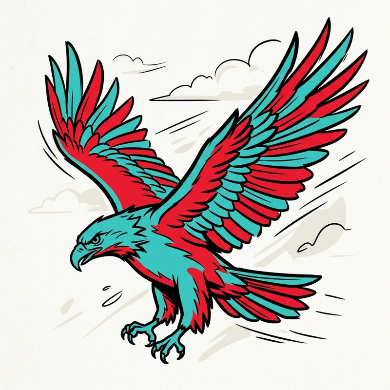 Dynamic Minimalist Eagle Illustration in Red and Turquoise