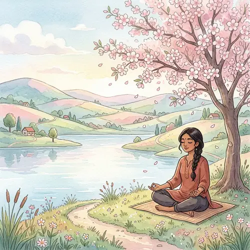 Serene Countryside with Watercolor Hills and Meditative Pose