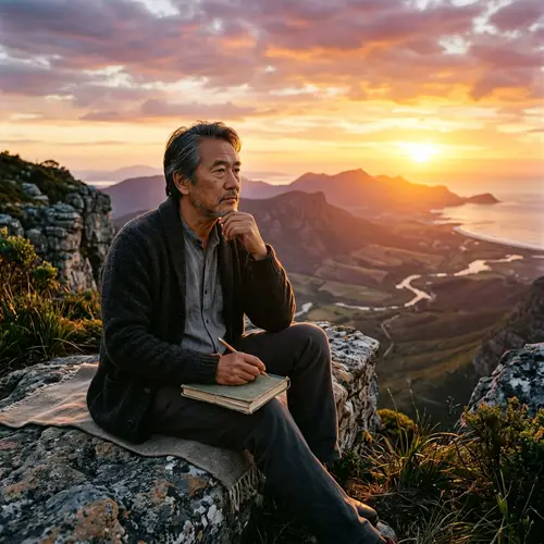 Contemplative Asian Philosopher on Rocky Cliff at Sunset