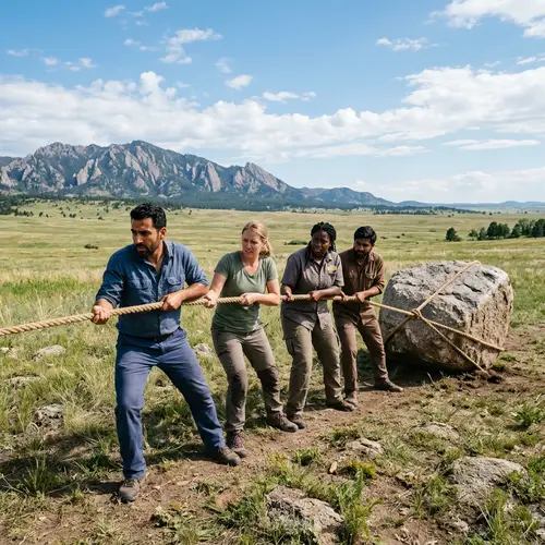 Diverse Teamwork: United Effort to Move a Boulder
