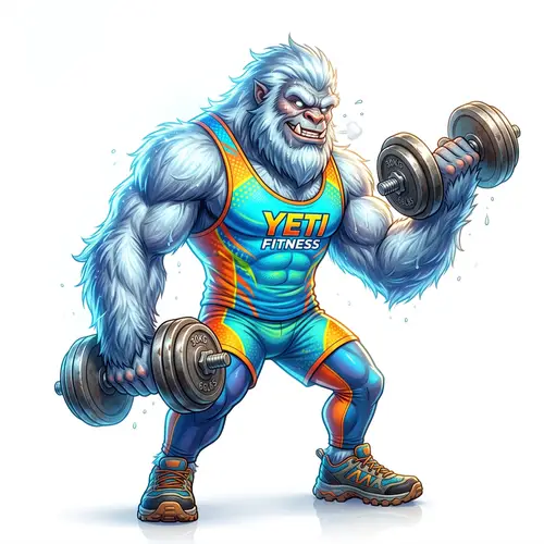 Energetic Yeti in Bright Sports Attire Lifts Dumbbells