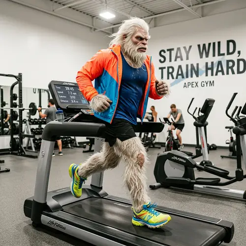 Vibrant Yeti Running on Treadmill in White Gym | Fitness Theme