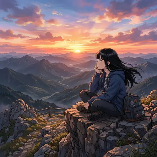 Anime Girl on Mountain Gazing at Sunset