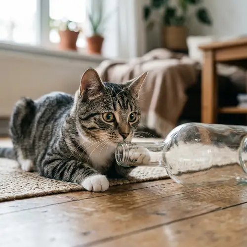 Playful Tabby Cat Interaction with Glass Bottle | Curious Cat Image