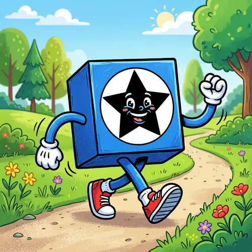 Blue 3D Rectangle with White Circle and Black Star