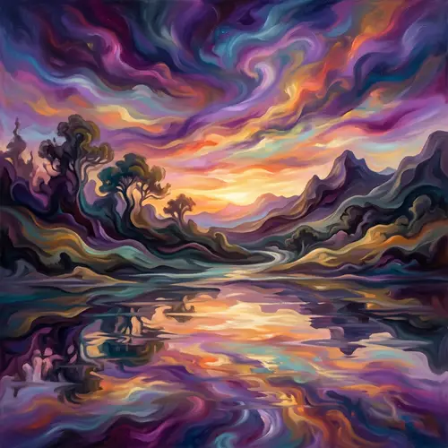 Dreamy Abstract Landscapes: Otherworldly Sunset in Swirling Colors