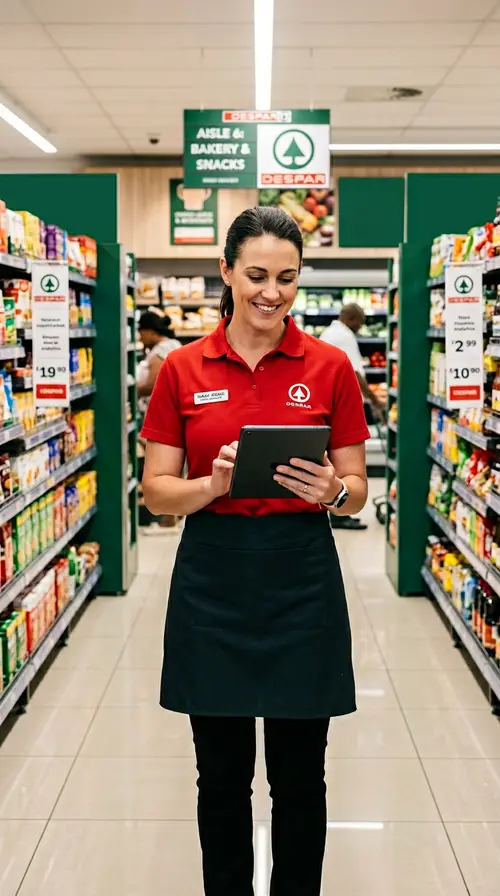 Store Manager in Red Uniform at Modern Supermarket