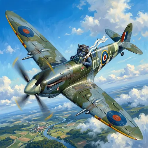 Dark Grey Cat as WWII Pilot in Vintage Fighter Plane Illustration