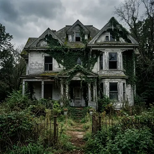 Victorian-Era Gray House with Overgrown Yard